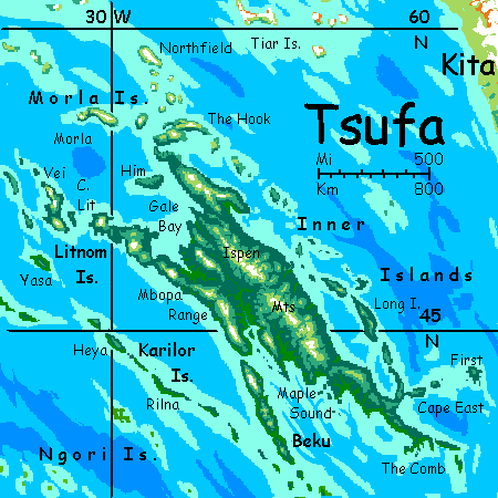 Map of Tsufa, a huge temperate island on Kakalea, an unlucky Earthlike world: blue seas, red dry continents.