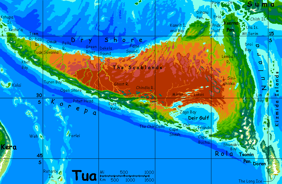 Map of Tua, continent resembling a wider Australia, on Kakalea, a model of an Earthlike world full of Australias.