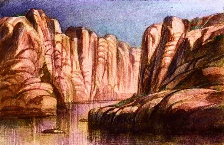 Sketch (based on a watercolor by Edward Lear) of a fjordlike inlet with redrock cliffs on Kakalea, a model of an Earthlike world full of Australias.
