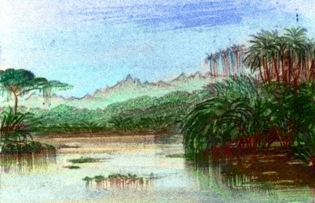 Sketch after Edward Lear of rainforest with high mountains on horizon; northern Tua, a typical continent on Kakalea, a model of an Earthlike world full of Australias.