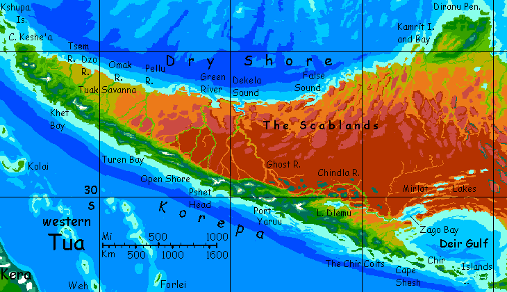 Map of western Tua, a continent resembling a wider Australia, on Kakalea, a model of an Earthlike world full of Australias.