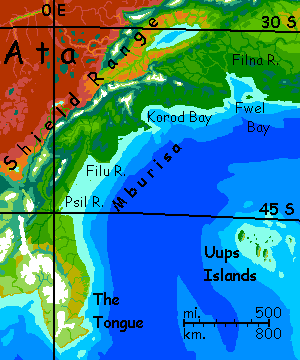 Map of southern Ata: Mburisa Coast and Uups Islands, on Kakalea, an unlucky Earthlike world: blue seas, red dry continents.