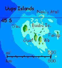 Map of the Uups Islands on Kakalea, an unlucky Earthlike world: blue seas, red dry continents.