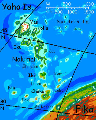 Map of the Yaho Islands, a Hawai'i-like chain of shield volcanoes on Kakalea, a model of an Earthlike world with dry continents.