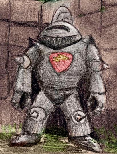 Sketch of a dream by Chris Wayan: a bulky, squat, unpolished suit of armor, standing outside a stone wall.