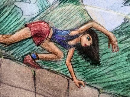 Sketch of a dream by Chris Wayan: a girl atop a wall tosses down a key.