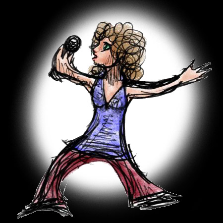 Ink and crayon cartoon of a nervous woman singing--waving her arms, legs akimbo.
