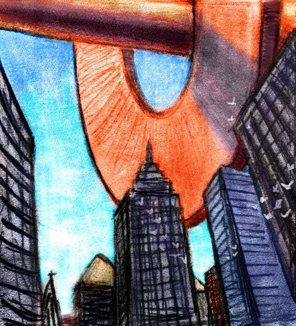 A gigantic orange floating ring-and-rod structure float above skyscrapers; dream sketch by Wayan. Click to enlarge.