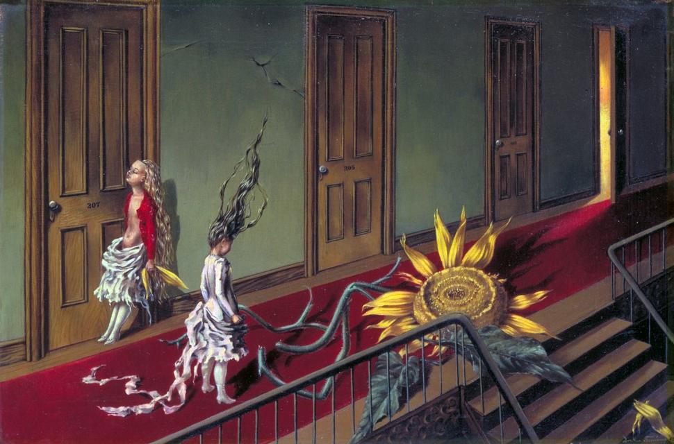 'Eine Kleine Nachtmusik', painted 1943 by Dorothea Tanning. Click to enlarge.