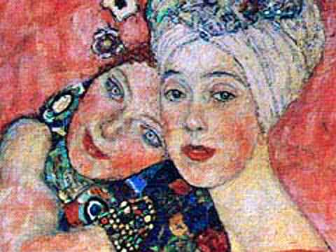 Gustave Klimt: Girl Friends. Detail of oil painting: a woman with pale eyes and small pupils leans on a smiling woman looking at the viewer.
