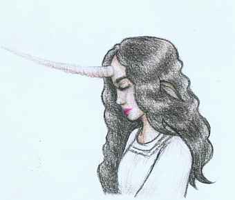 Profile of dark-haired woman with a spiral horn growing from her forehead. Drawing by Emily Joy.