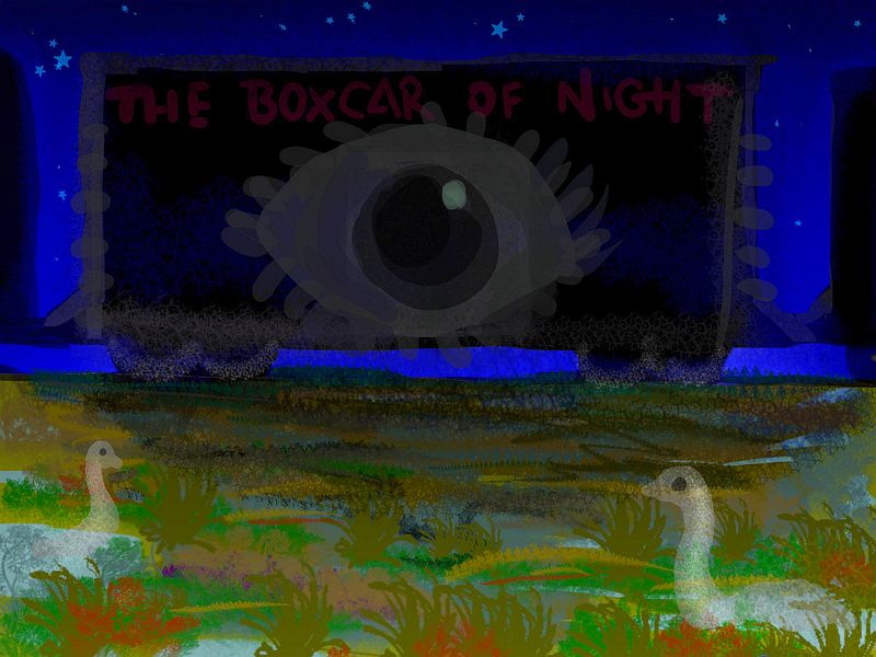 The Boxcar of Night, a collaged postcard seen in a dream by Wayan. Click to enlarge.