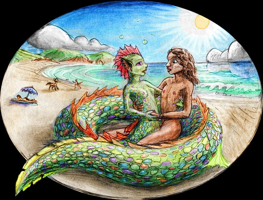 A lamia/naga/seaserpent and a human make love on a beach. Dream sketch by Wayan. Click to enlarge.