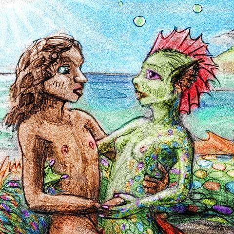 Sea-serpent woman gets queasy--landsickness? Dream sketch by Wayan. Click to enlarge.