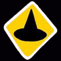 Sign seen in a dream of a parallel Earth, 'The Lead Hazard of Witches' by Chris Wayan: yellow hazard signs showing a witch's hat: marking a disposal site for the supposedly toxic remains of burned witches.