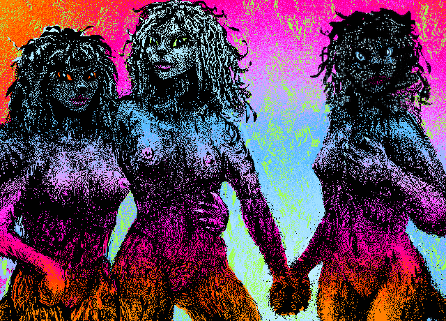 three leonine goddesses; faux woodcut print by Wayan. Click to enlarge.