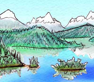 Watercolor sketch of a deep lake with small wooded islands; snowcapped peaks behind