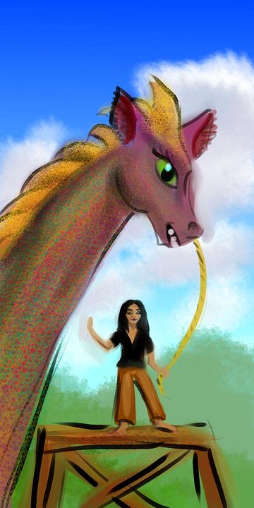 digital sketch of Asian girl atop a scaffold with a huge dragon on a slender leash. Click to enlarge.