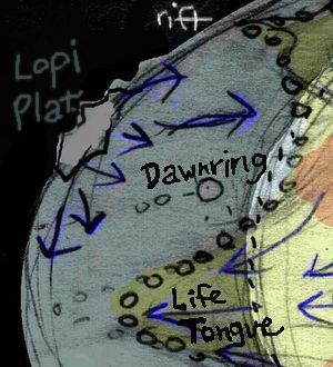 Sketchmap of equatorial Lifetongue reaching west into the nightside of Libratia, a tidelocked world.
