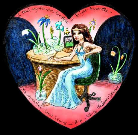Heart-shaped portrait of me at my desk in a princess gown. Words by Emily Dickinson: 'I tend my flowers for Thee - Bright Absentee - my fuchsia's Coral Seams - Rip - while the Sower dreams--' Click to enlarge.