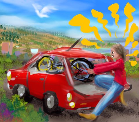I furiously tug a bike out the back hatch of a red car. Dream sketch by Wayan. Click to enlarge.