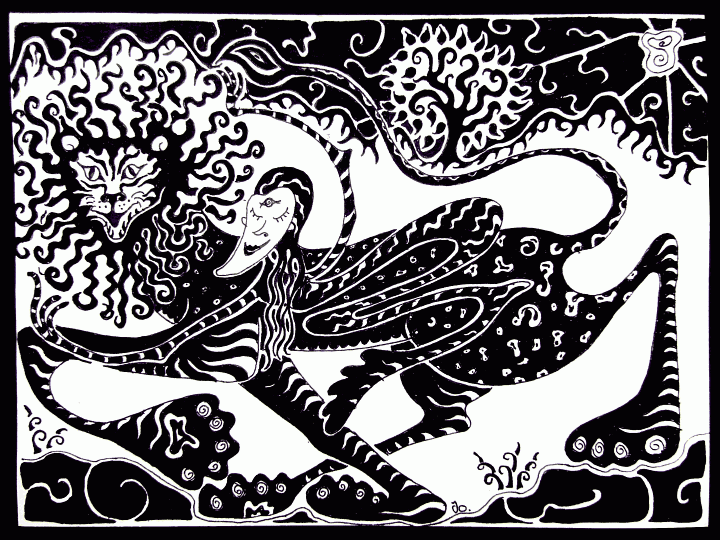 Black and white sketch of a dream by Jo Equinity: a grinning three-eyed woman rides a stylized lion.