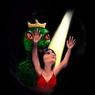 Darkness. A woman with wild black hair reaches up toward light streaming down from a crack. Behind her looms a green, crowned reptile with orange eyes.