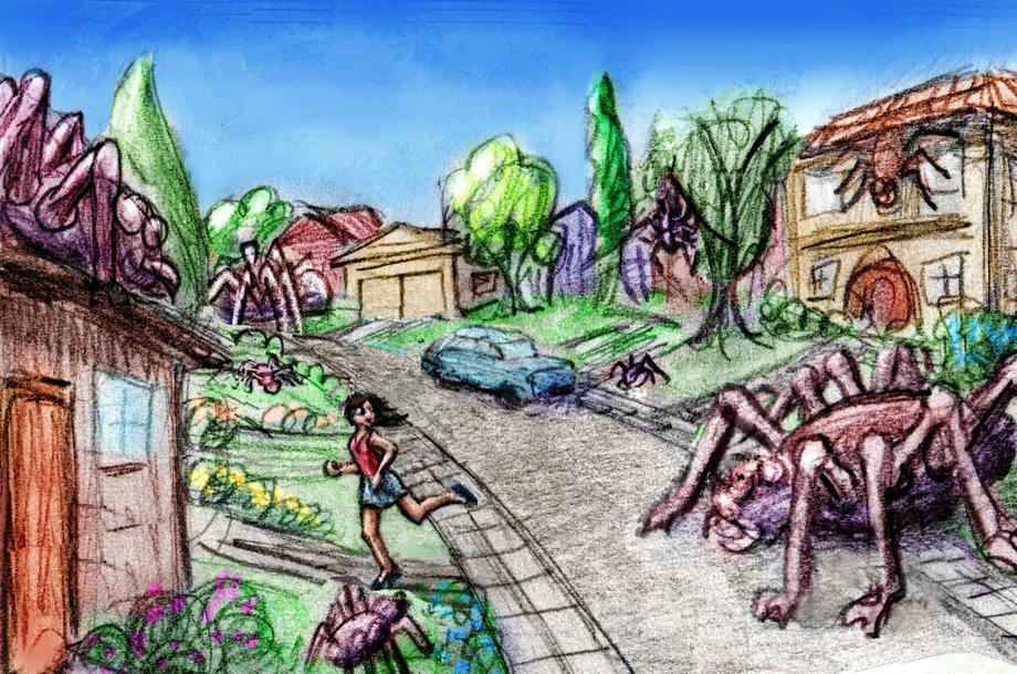 Giant spiders invade suburbia. Dream sketch by Wayan. Click to enlarge.