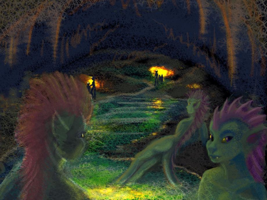 I join the scaly people in cave-pools. Dream sketch by Wayan. Click to enlarge.