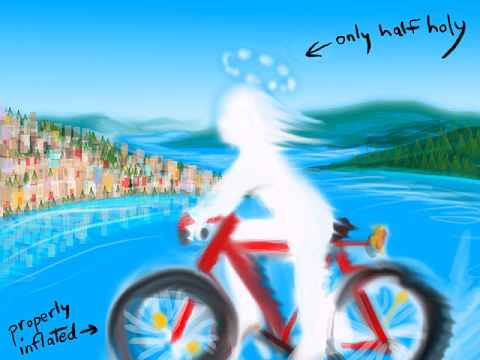 Dream sketch: biking on water toward a city on a crescent-bay. Halo over biker, labeled 'Only half holy'.