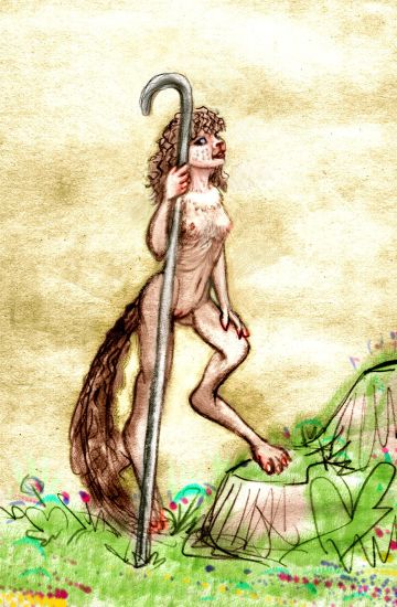 Sketch seen in a dream, of a tailed, shaggy shepherdess leaning on her staff. Her species is called krelkins. Click to enlarge.