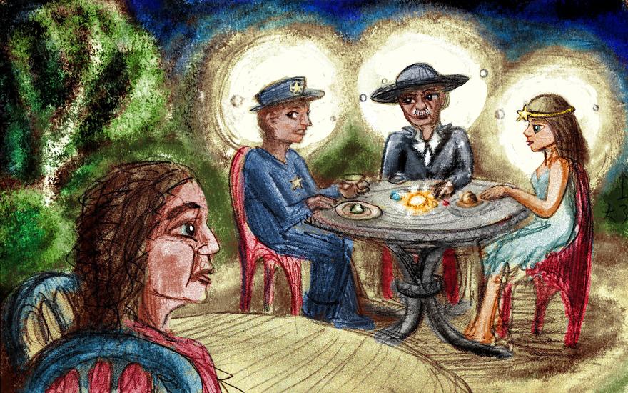 Stars sit at a cafe table. Not film stars. Stars. Dream sketch by Wayan. Click to enlarge.