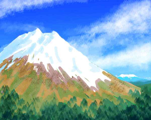 Around the shoulder of a snowy volcano rising from green woods, a taller peak resembling Kilimanjaro is visible on the horizon