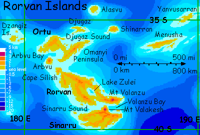 Map of the Rorvan Islands, a lonely chain south of of the Diomedes region on Lyr, a world-building experiment.