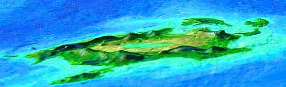 Low orbital photo of Altla, an island the size of Britain, in the western Nyanza Islands, on Lyr, a sea-world experiment in climatology.