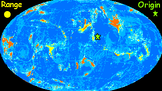 A map of Lyr, a large water world with small scattered continents. The tropical rainforest range of griffets is marked in yellow.