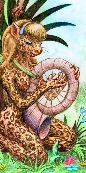 Female lebbird with light head-fur, a blue hairband, and a leopard-spotted pelt, playing a spiral harp at the foot of a tree; the harpstrings stretch in an asterisk pattern across a coiled nautiloid shell. Click to enlarge.