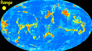 A map of Lyr, a large water world with small scattered continents. The range of hexanauts is marked in yellow.