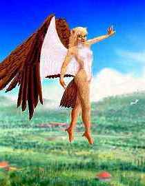 An icarus in flight: humanoid frame, catlike fur, eyes and face, and hawklike wings and tail.