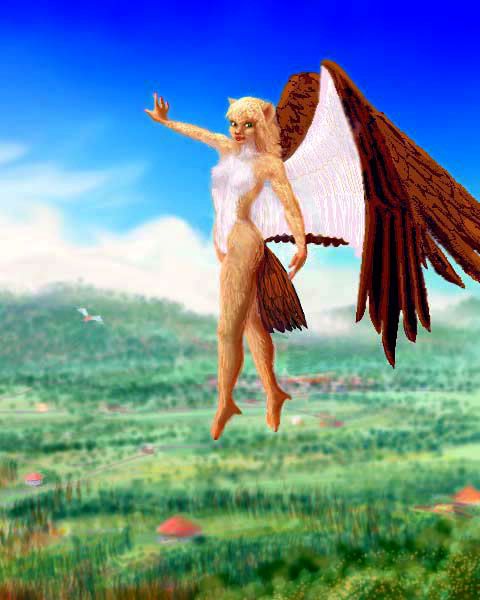An icarus, a winged humanoid with a calike face and pelt, in flight over green farm hills. Scattered houses--round, with low, conical red tile roofs.