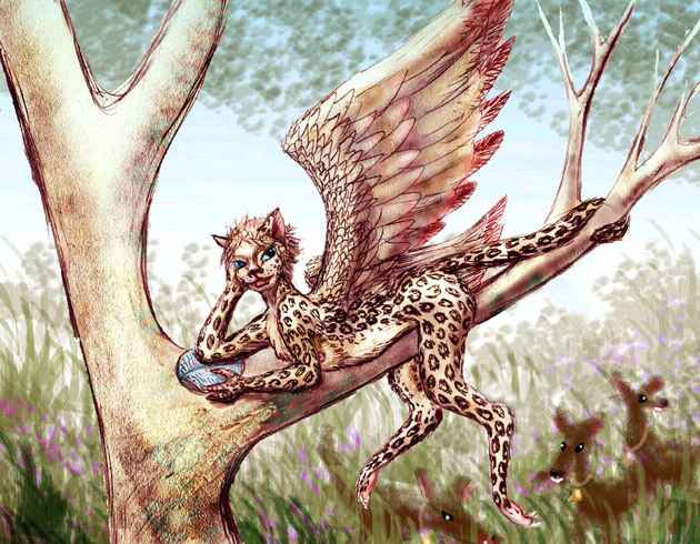 A rangy, leopard-spotted, mid-sized winged feline called a lebbird reads a round book in a tree, while brown, goatlike milk-monkeys graze brush beneath.