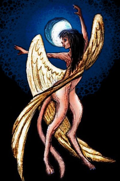 Moonlit female lebbird twisting in a spiral dance. Sketch by Wayan. Click to enlarge.