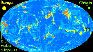 A map of Lyr, a large water world with small scattered continents. The tropical range of lebbirds (intelligent, winged arboreal felines) is marked in yellow.