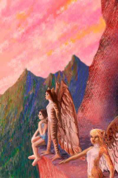A human and two cat-headed furry angels--a species called icari--watching a sunset from a ledge in rugged mountains.