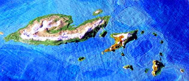 The arctic island of Olga, with green coasts but large icefields inlands. Part of the Roland Group, on Lyr, a model of a huge sea-world.