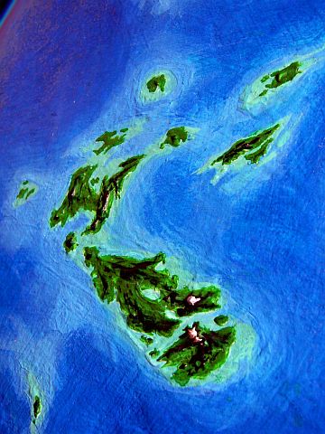 Orbital view of the Rorvan Archipelago, a cool green isolated cluster, on Lyr, a model of a huge sea-world.