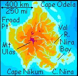 Map of Erkila, a volcanic island on Lyr, a model of a huge sea world.