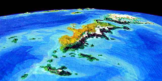 Low orbital photo of Scania, two large subarctic islands on Lyr, a model of a sea-world twice Earth's diameter