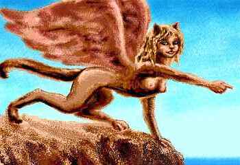 A winged female sphinx atop a cliff, pointing left.