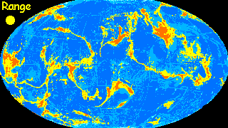 A map of Lyr, a large water world with small scattered continents. The range of the star-nosed dolphin is marked in yellow: reefs and coastal waters.